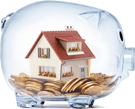 A house sitting on top of coins in a glass bowl.