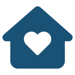 A blue house with a heart shaped window.